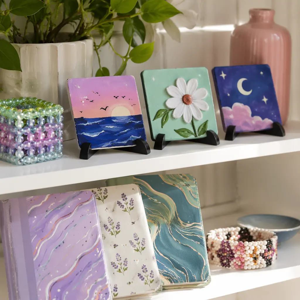 Finished art projects neatly displayed on a shelf