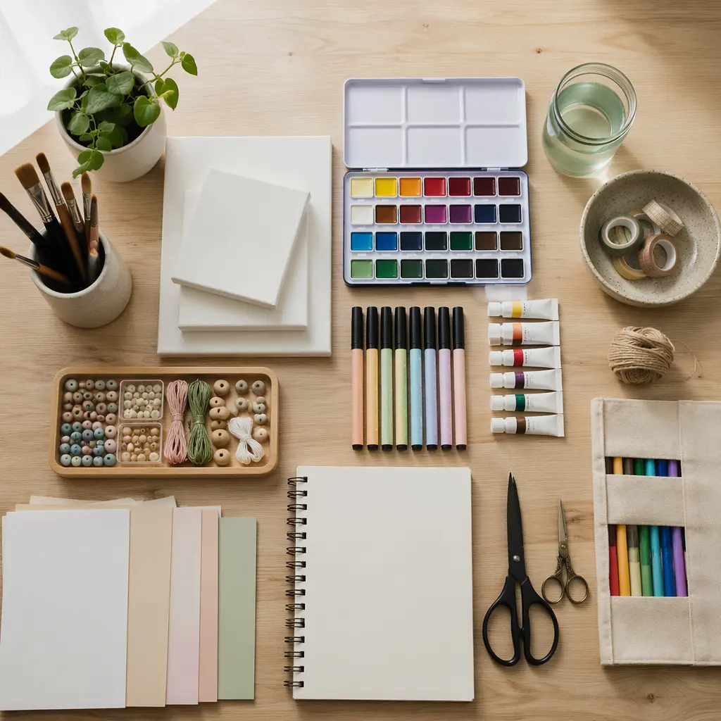 Neatly arranged art supplies on a light wood table in soft natural light