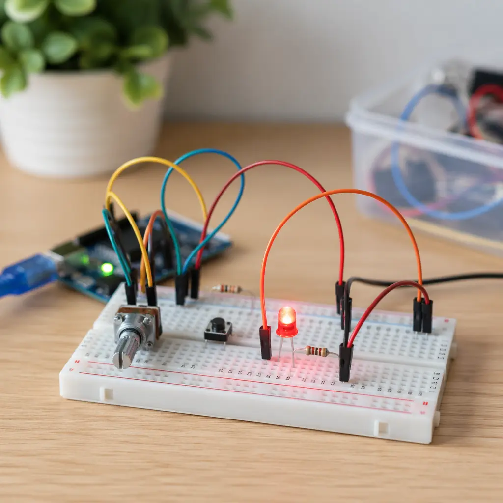 Simple beginner circuit with LED and wires on a breadboard