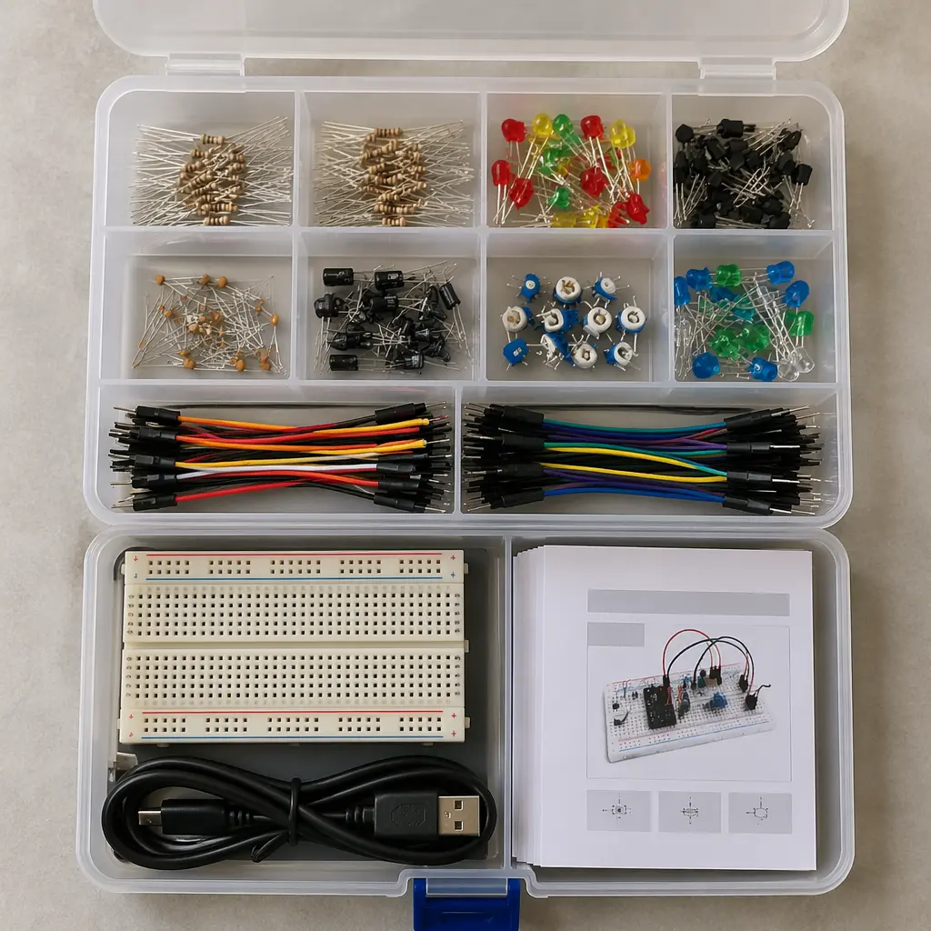 Organized electronics kit components in a storage box