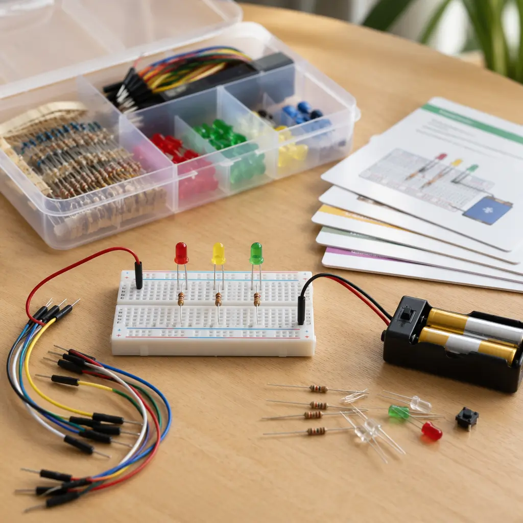 Beginner electronics kit with wires and LEDs laid out on a desk