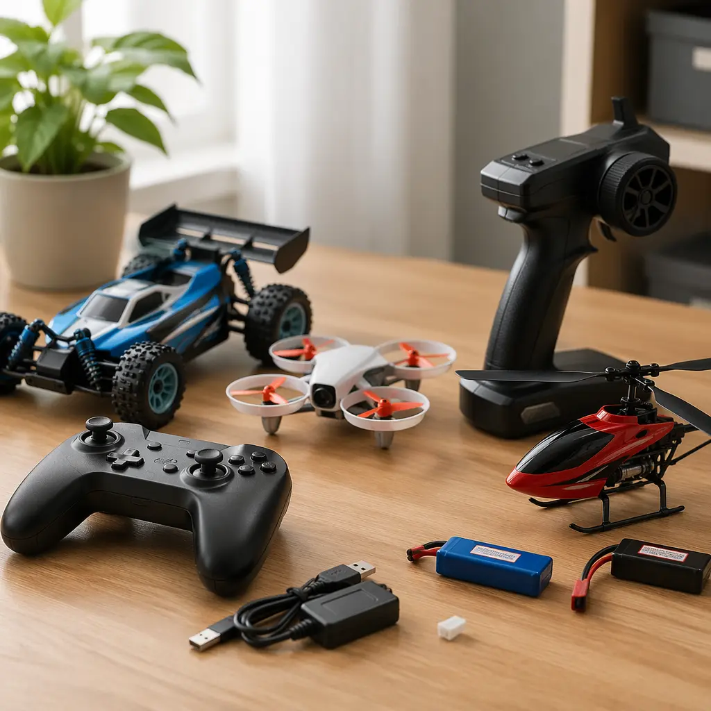 Beginner-friendly remote control toys laid out on a desk
