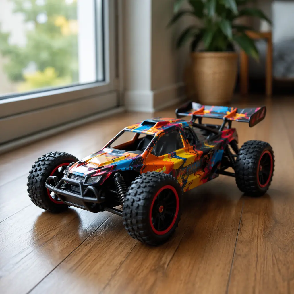 Durable remote control toy car designed for kids, shown indoors in soft natural light