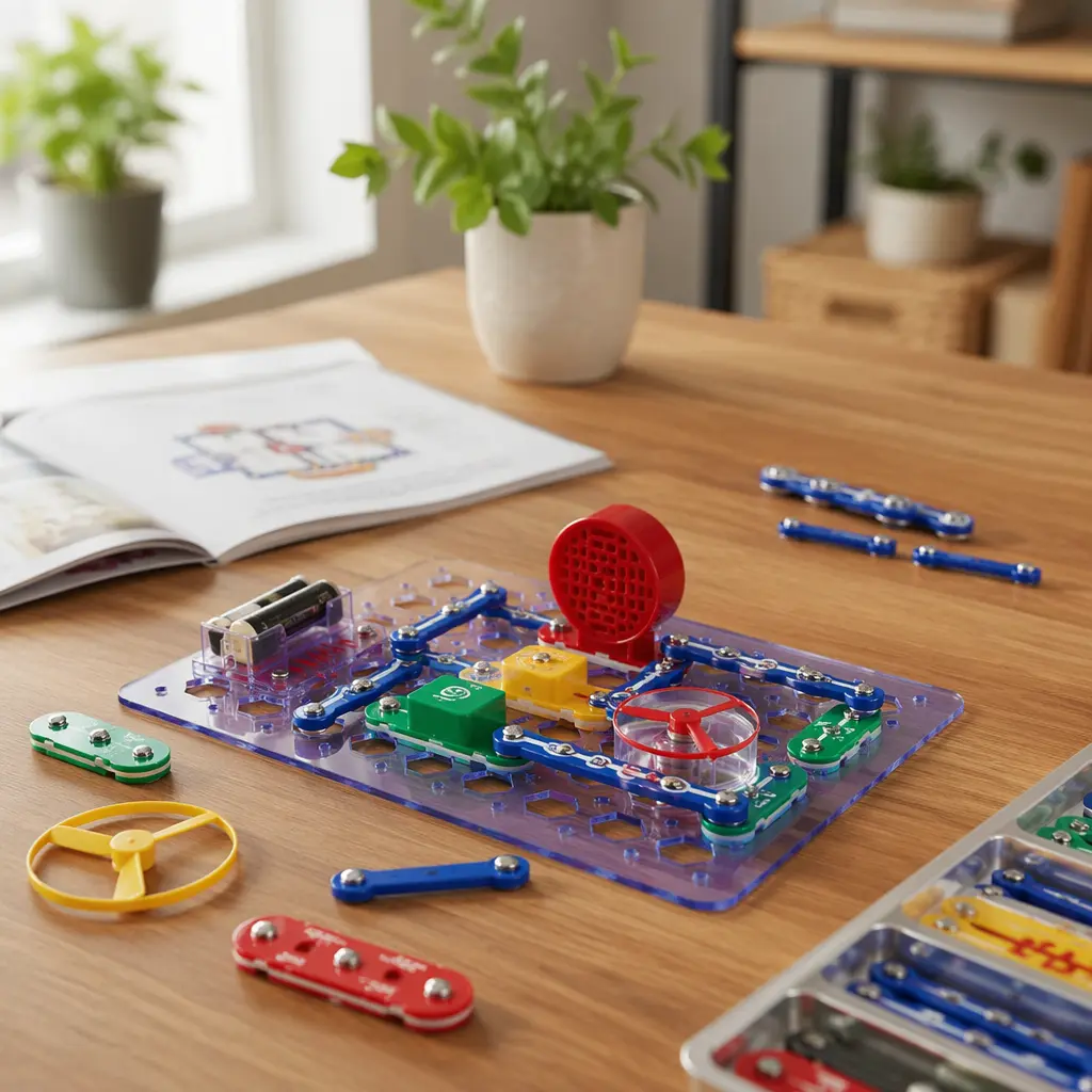 Electronic building set components arranged on a table in soft natural light