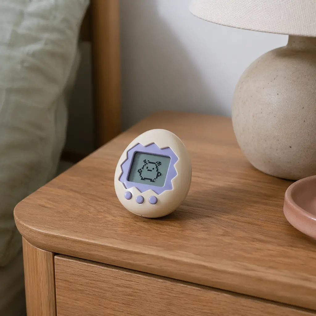 A small electronic pet toy resting on a table in natural light.