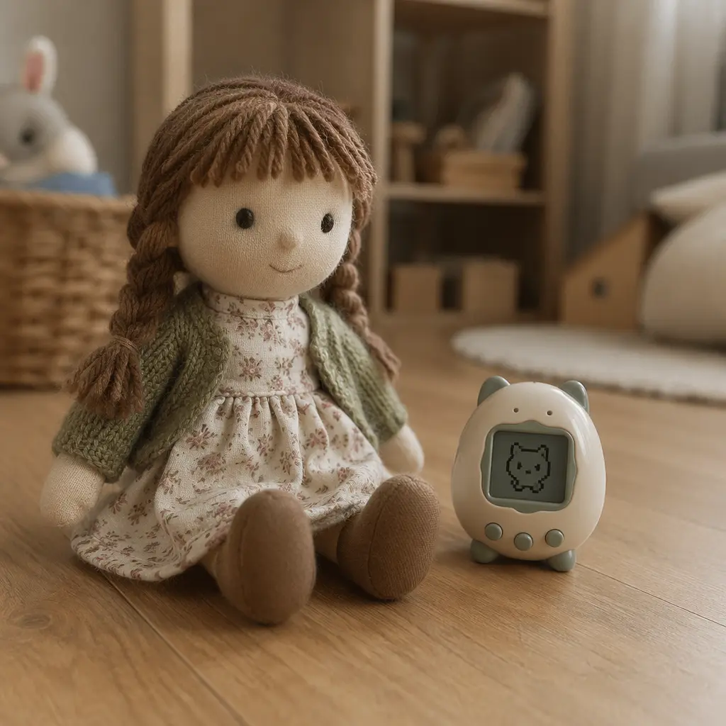 A classic doll and a small electronic pet toy displayed side by side in a bright playroom.