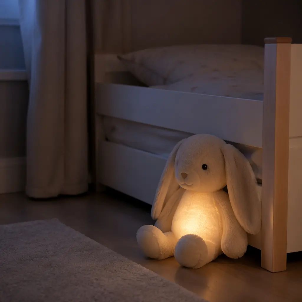 Plush toy with a gentle glow beside a toddler bed at night