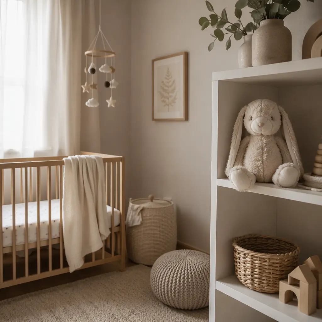 Minimal nursery with a plush toy on a shelf in soft daylight