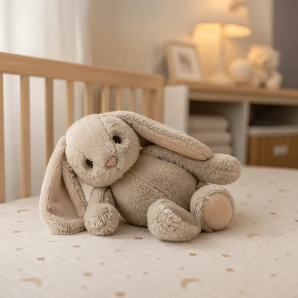 Soft plush toy on a crib mattress in a calm, dimly lit nursery