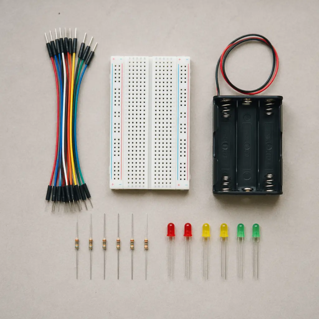 Low-voltage electronic components arranged for a beginner project