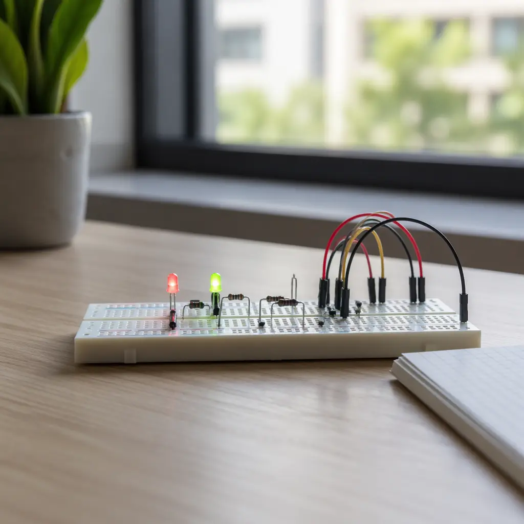 Simple breadboard circuit with LEDs illuminated