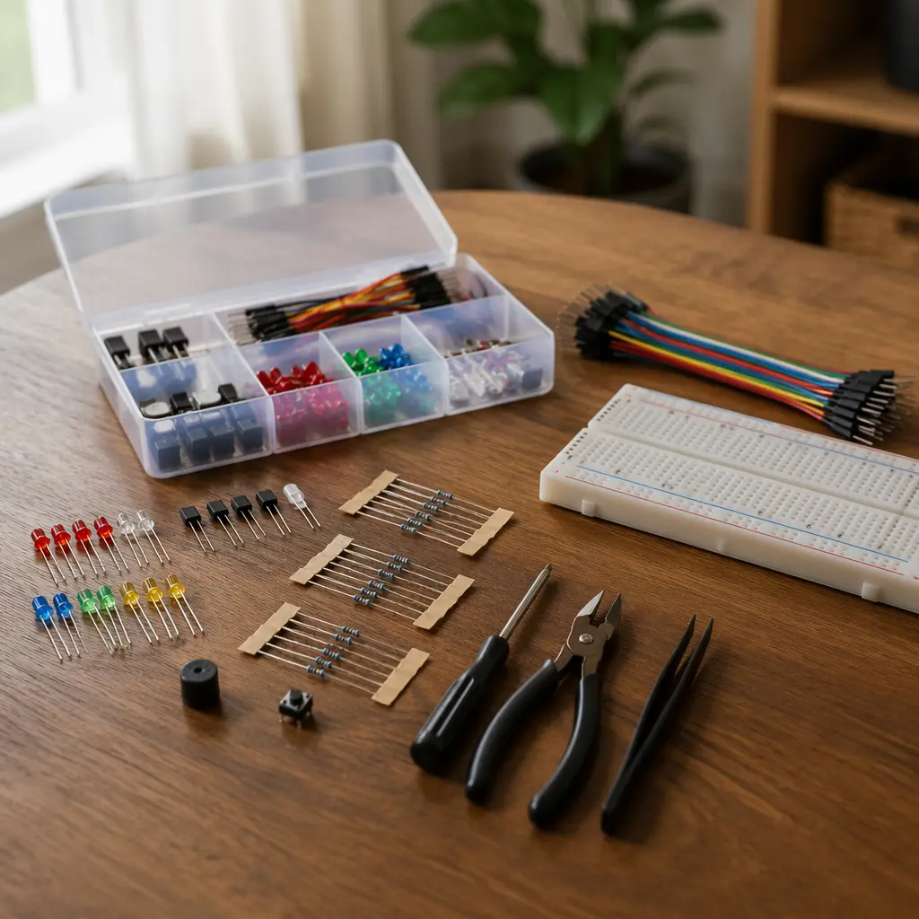 Beginner electronics components arranged neatly on a table