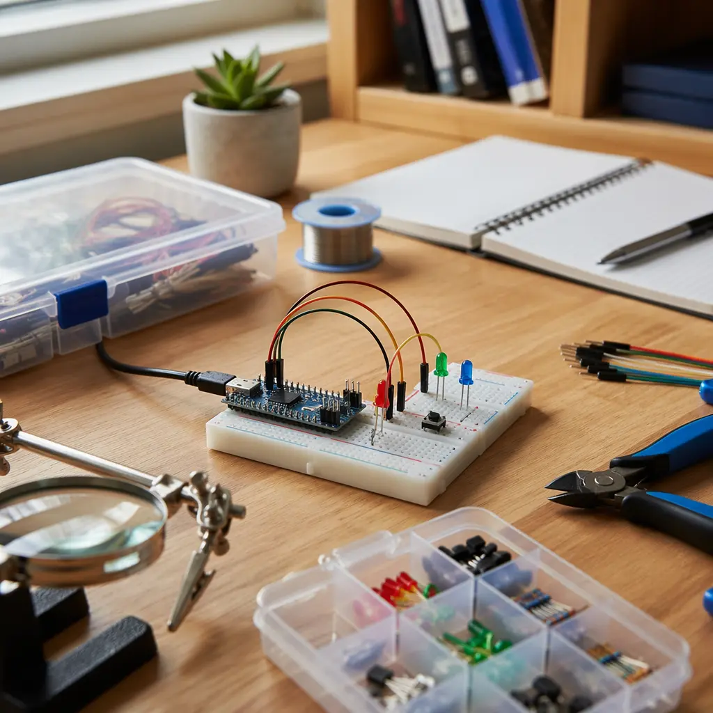An electronics project workspace with components laid out for hands-on building.