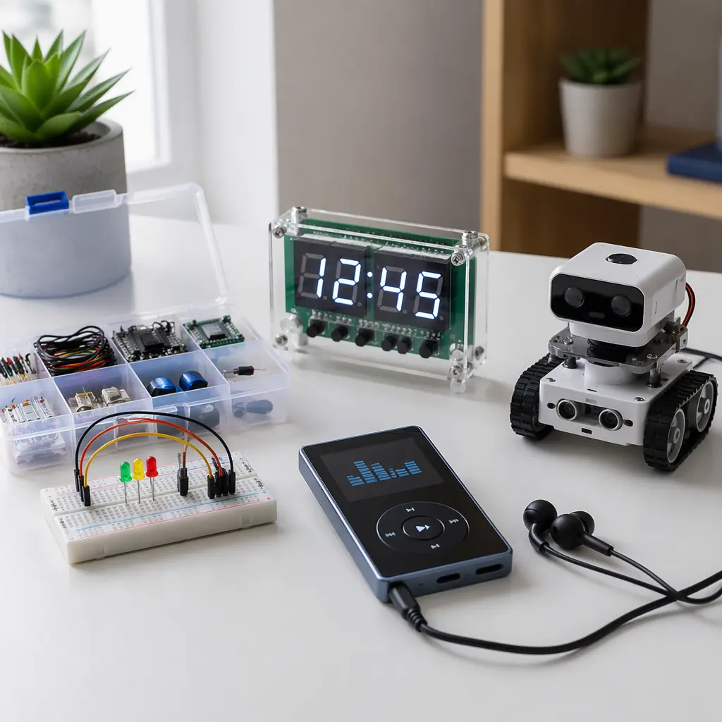 A collection of modern electronic gadgets suitable for teens, arranged neatly on a desk.