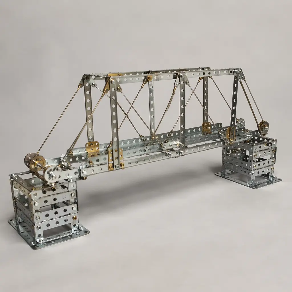 A classic metal construction toy assembled into a small bridge