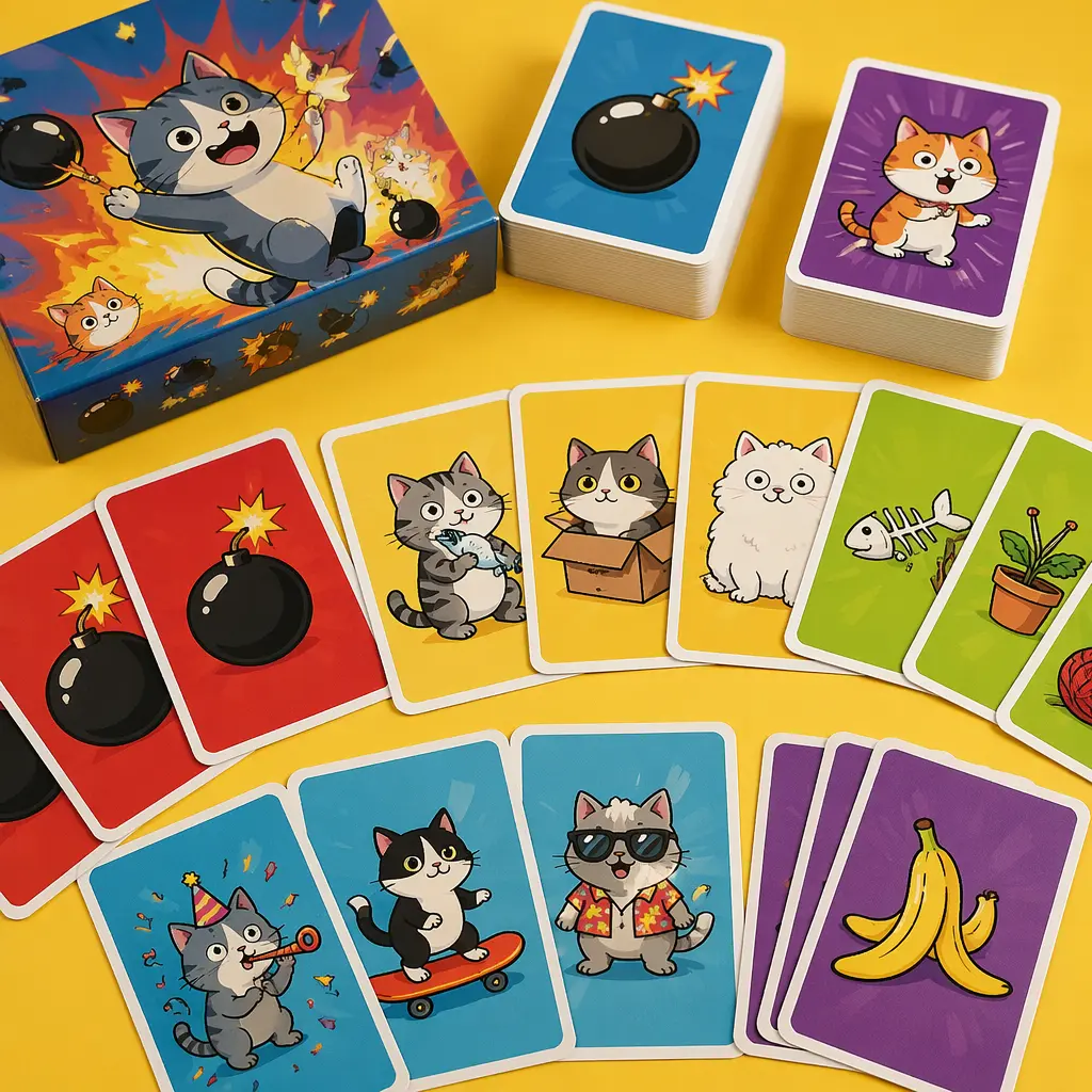 A colourful card game with humorous cartoon cat illustrations spread across a table