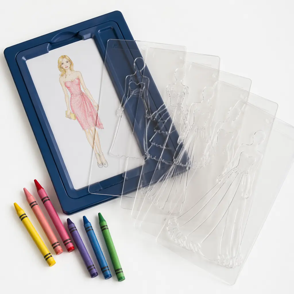 A classic fashion design toy with layered plates and crayons arranged on a clean surface