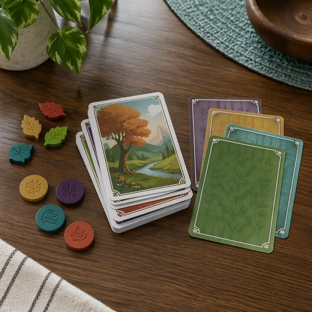 Colorful cards and simple tokens laid out for a quick family game