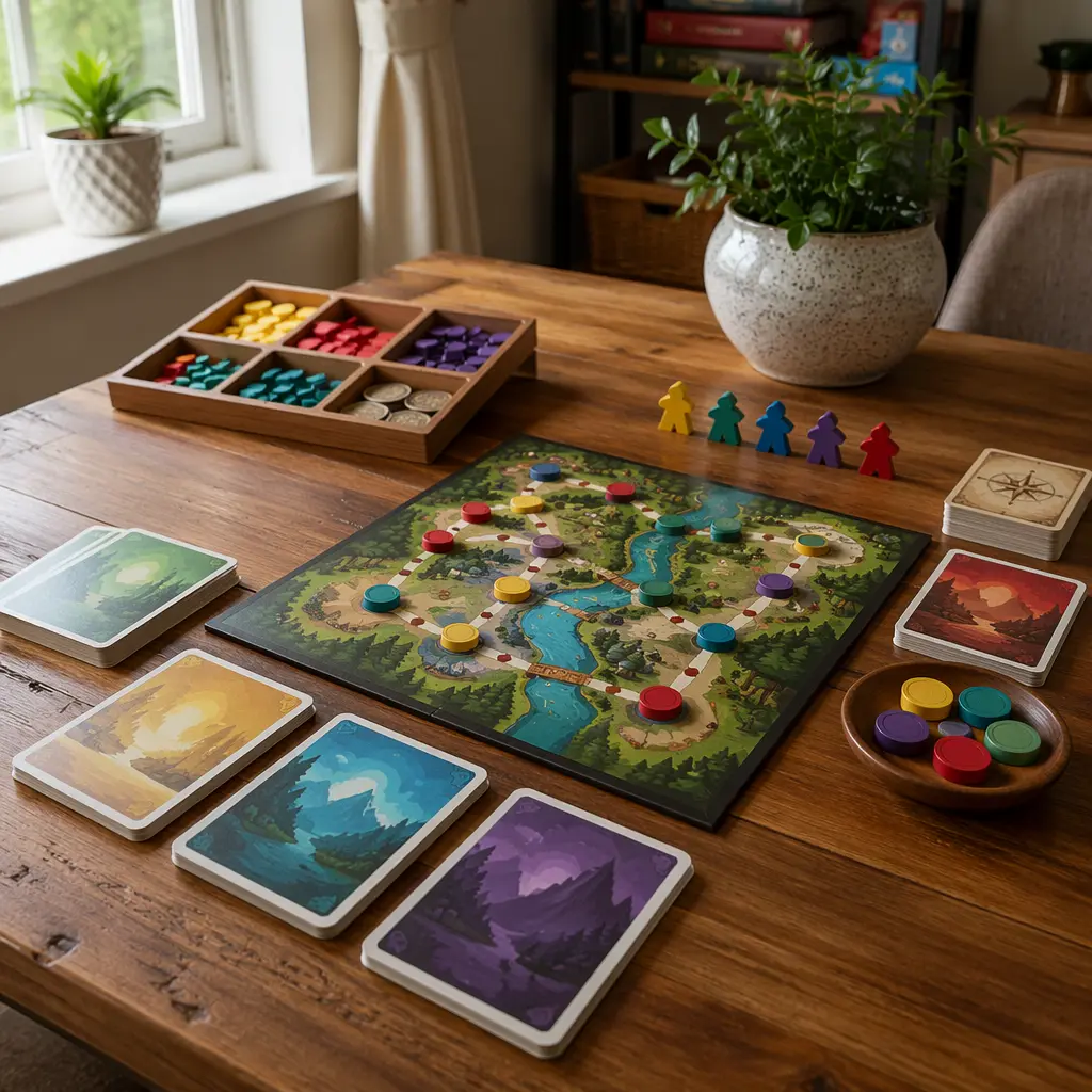 Simple family board game components arranged on a table, ready for quick play