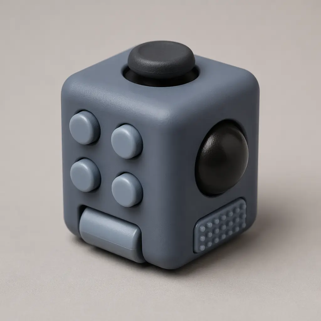 A small cube-shaped fidget toy with multiple tactile switches and textures on each side