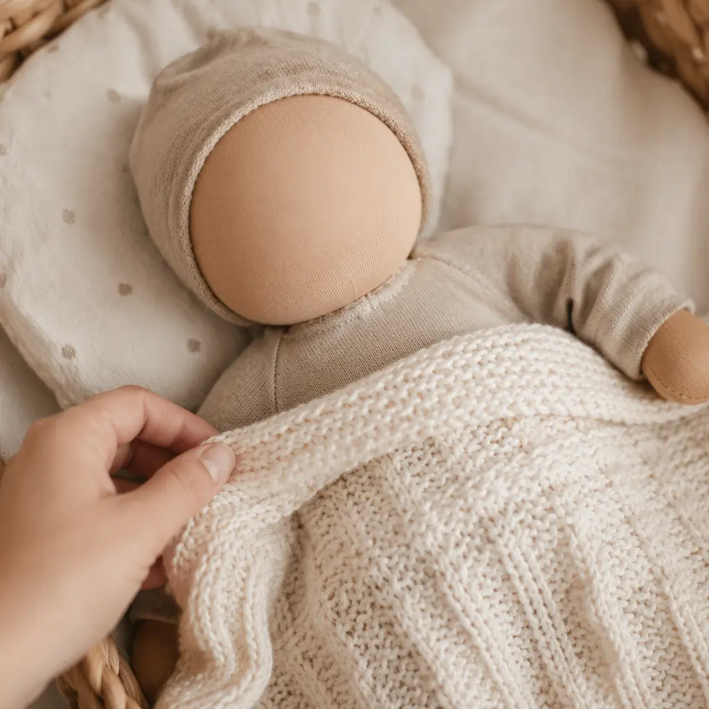 Faceless soft doll tucked under a small blanket