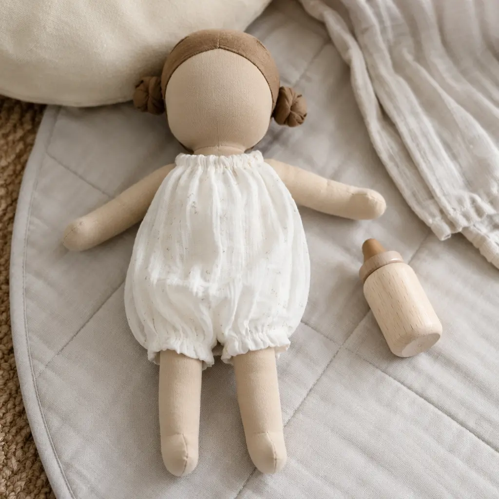 Cloth doll and wooden bottle on a play mat