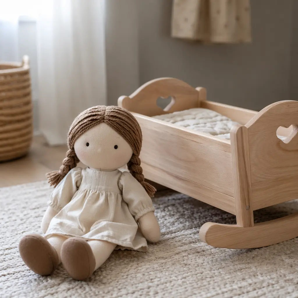 Soft cloth doll resting in a simple wooden cradle on a nursery floor