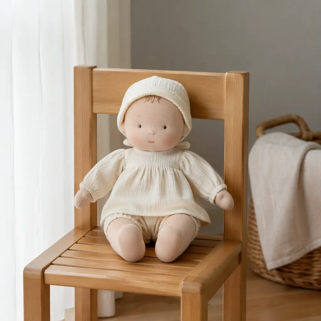Soft-bodied baby doll on a small wooden chair in natural light