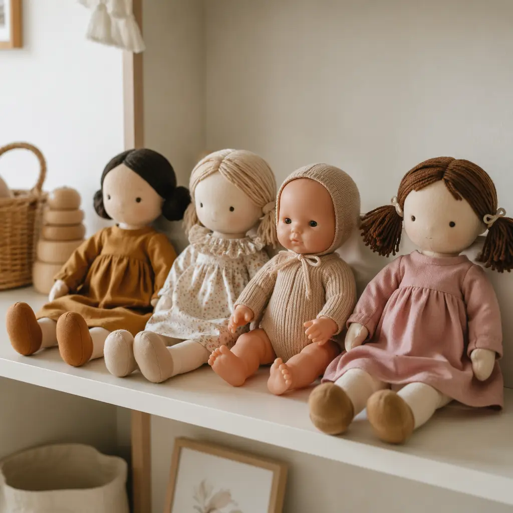 Collection of simple non-electronic dolls on a playroom shelf