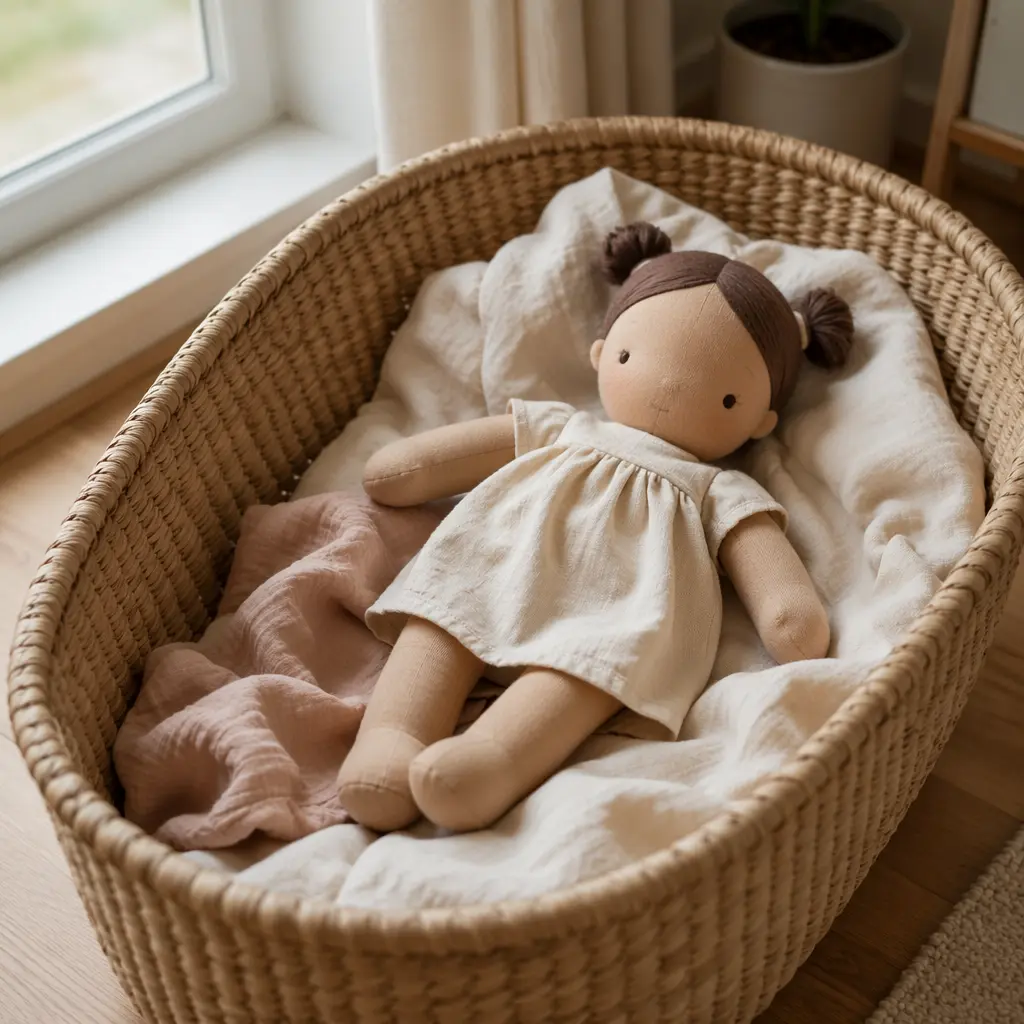 Simple cloth baby doll in a nursery basket with soft natural light