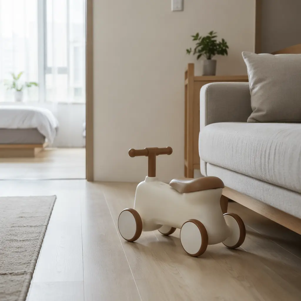 A compact toddler ride-on toy tucked neatly beside a sofa in a small apartment.