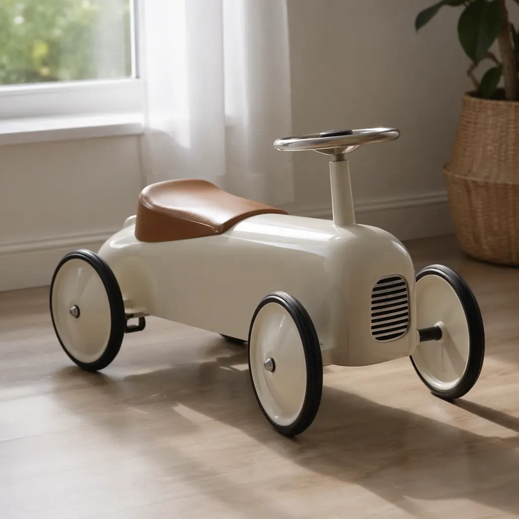 A foot-powered ride-on toy on a smooth indoor floor near a sunlit window.
