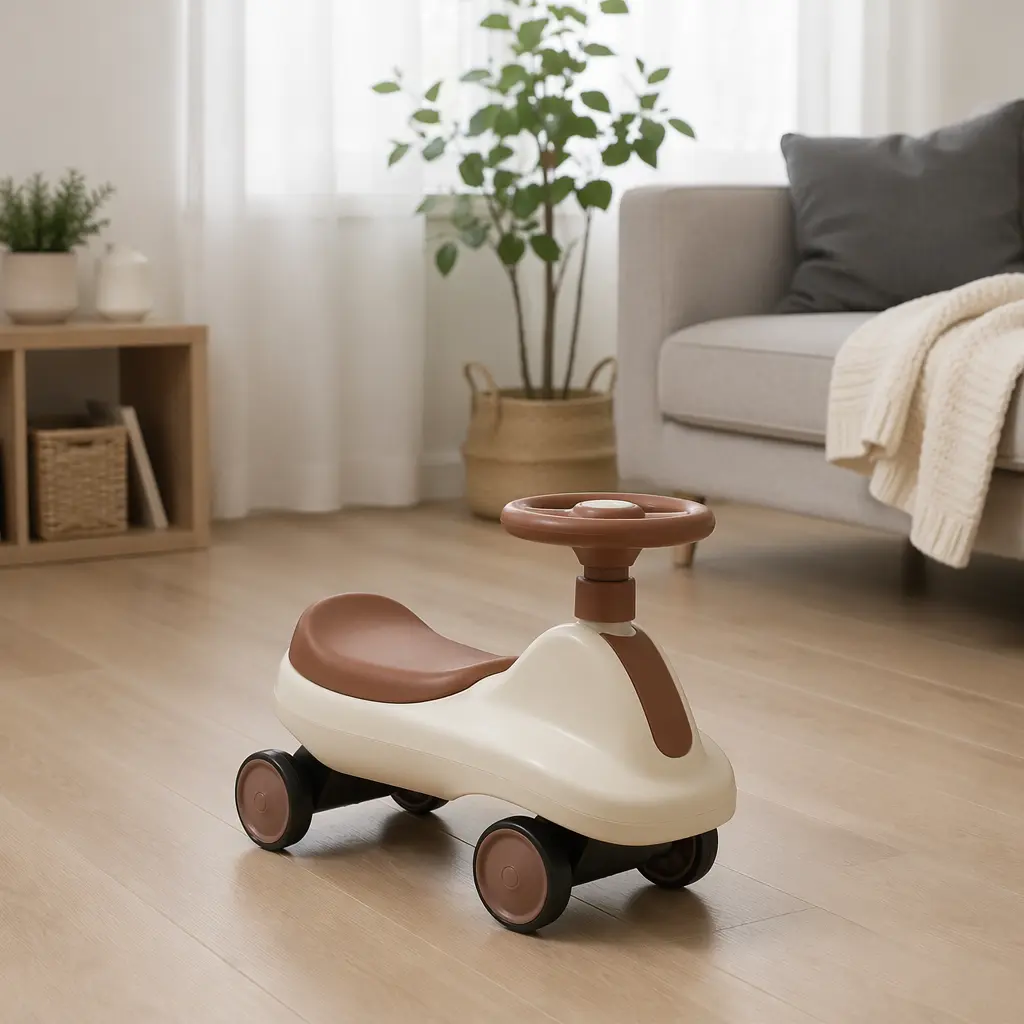 A small foot-powered ride-on toy in a bright, compact living room.