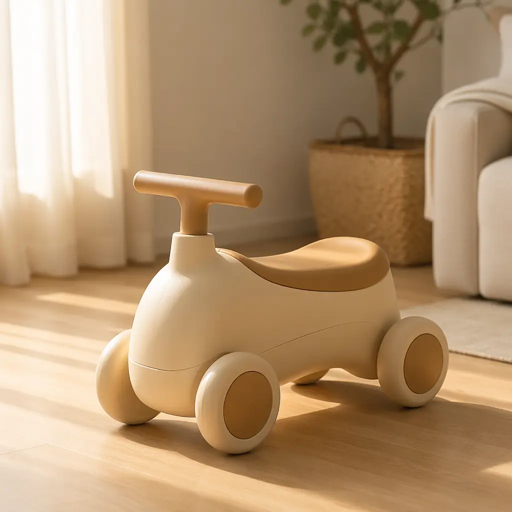 Minimalist toddler ride-on toy in a sunlit room