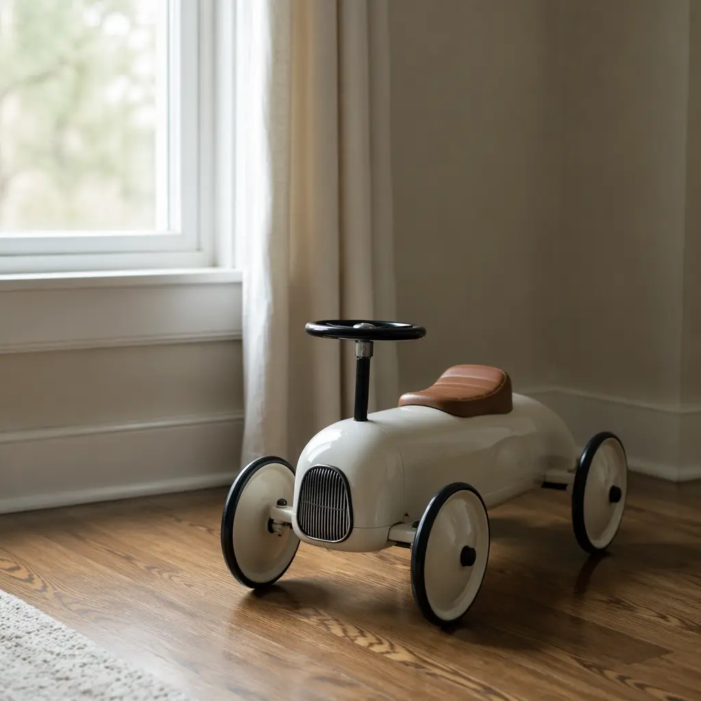 Classic push-style ride-on toy near a window