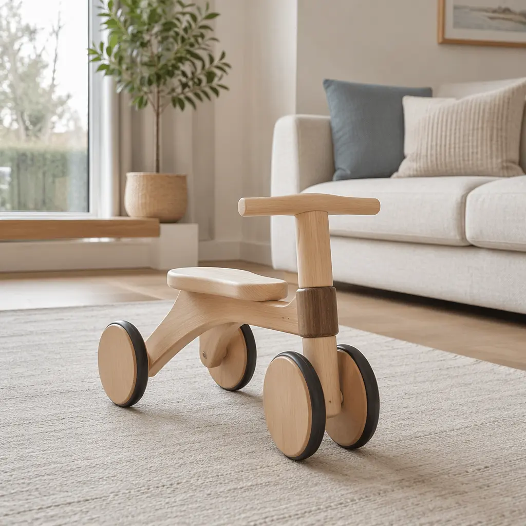 Simple wooden ride-on toy in a calm, neutral play space