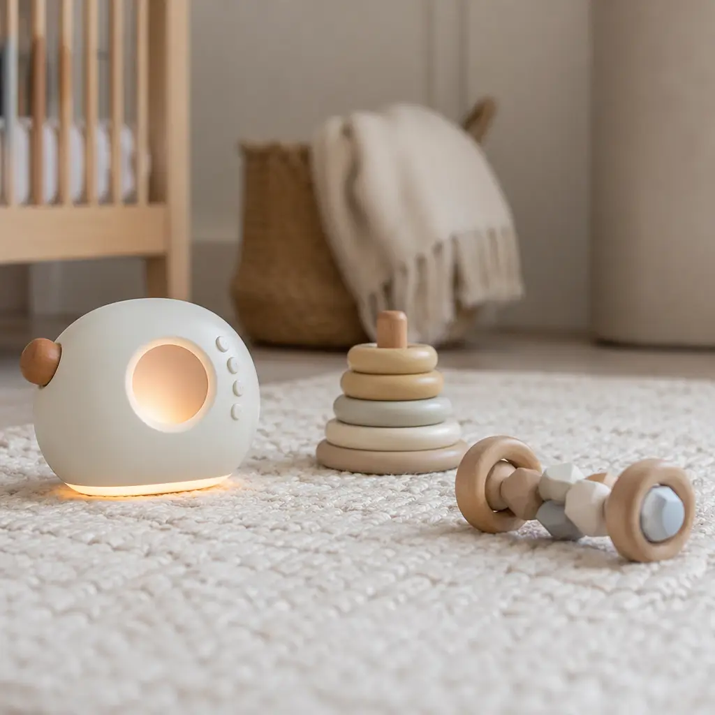 Electronic and non-electronic baby toys arranged on a soft nursery rug