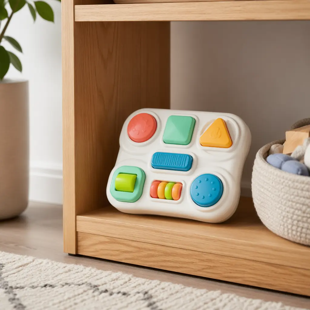 Battery-powered baby toy with large buttons placed on a low shelf