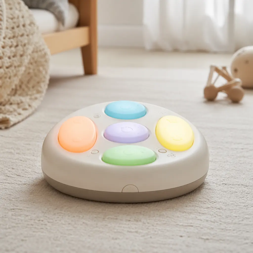 Simple electronic baby toy with softly glowing buttons on a nursery floor