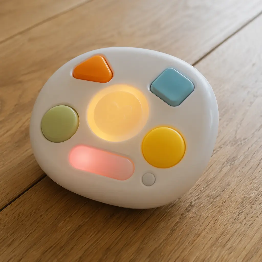 Close-up of a simple electronic baby toy with buttons and lights