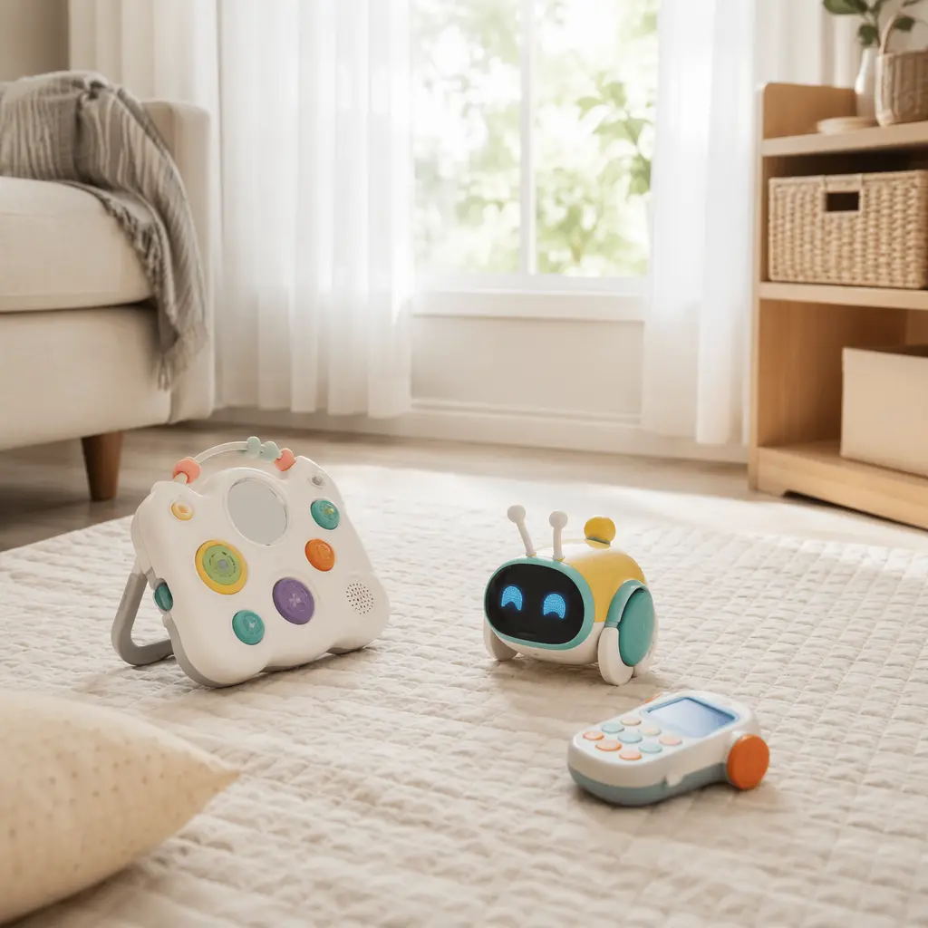 Minimal nursery play area with electronic baby toys on a mat