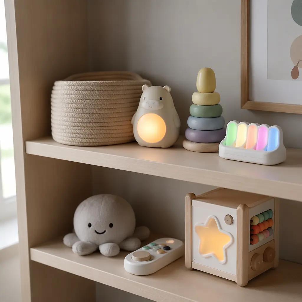 Simple electronic toys for babies arranged on a nursery shelf