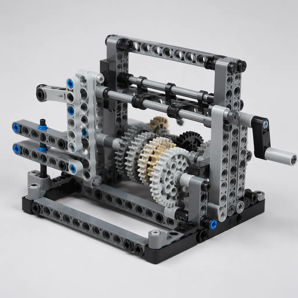 A precision construction toy model made from interlocking beams and gears
