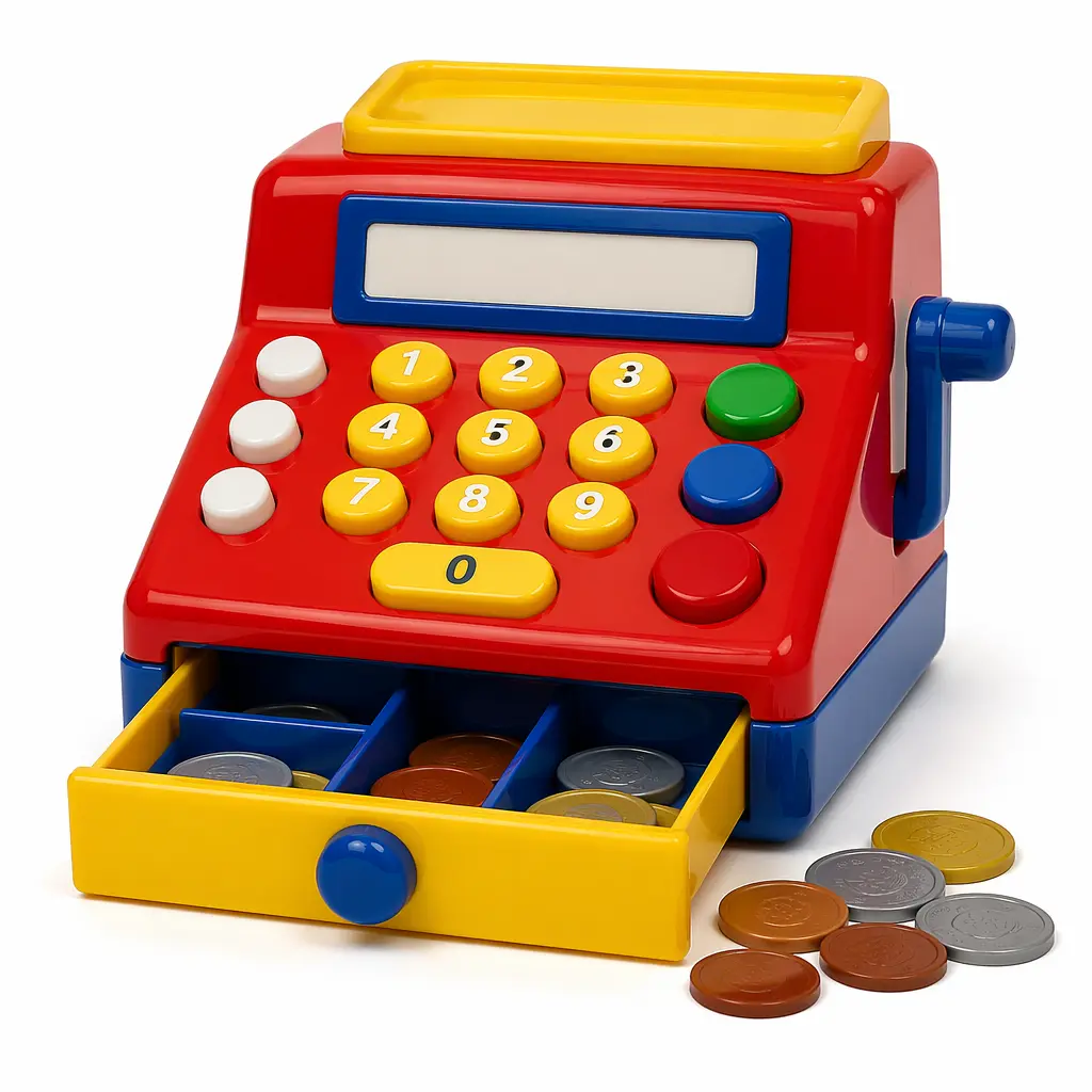 A classic chunky toy cash register with oversized buttons and play coins