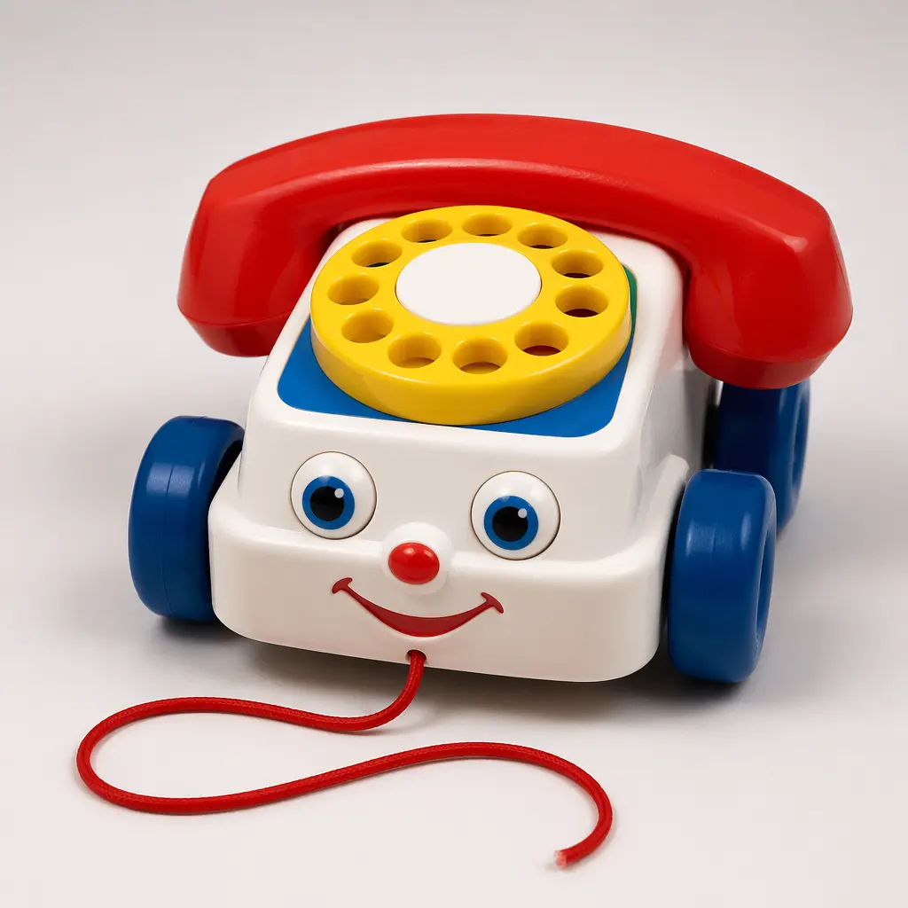A colorful pull-along toy telephone with a friendly face and rotary-style dial