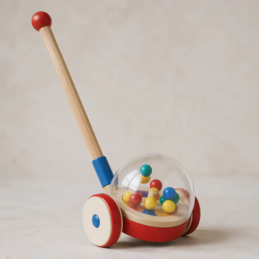 A classic push toy with colorful balls popping inside a clear dome