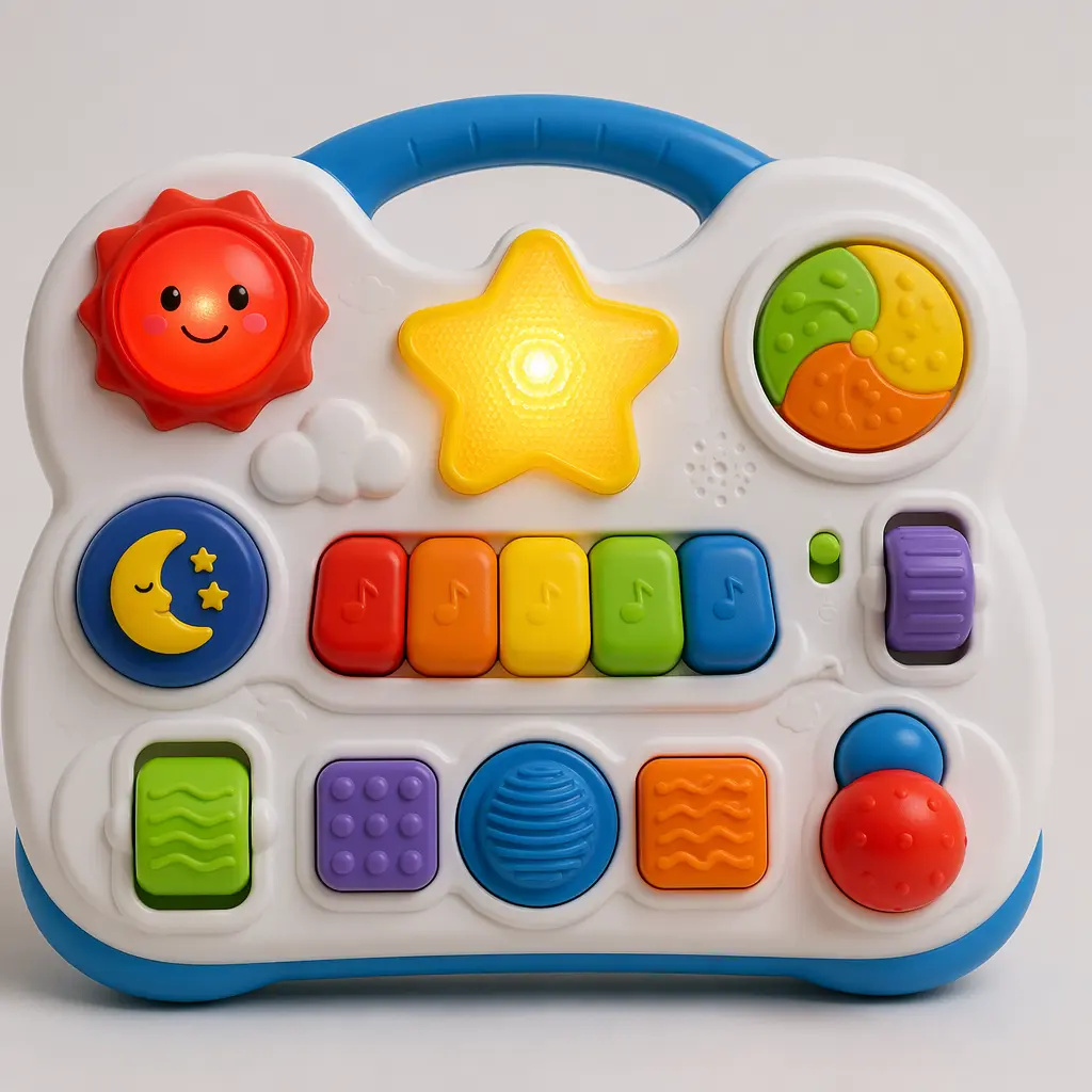 A colourful interactive learning toy designed for babies, shown in a clean studio setting