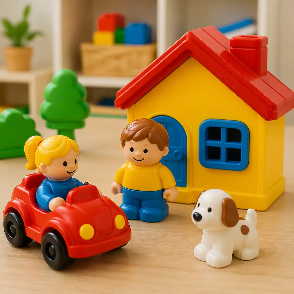Chunky colourful toddler figures set in a simple pretend play scene