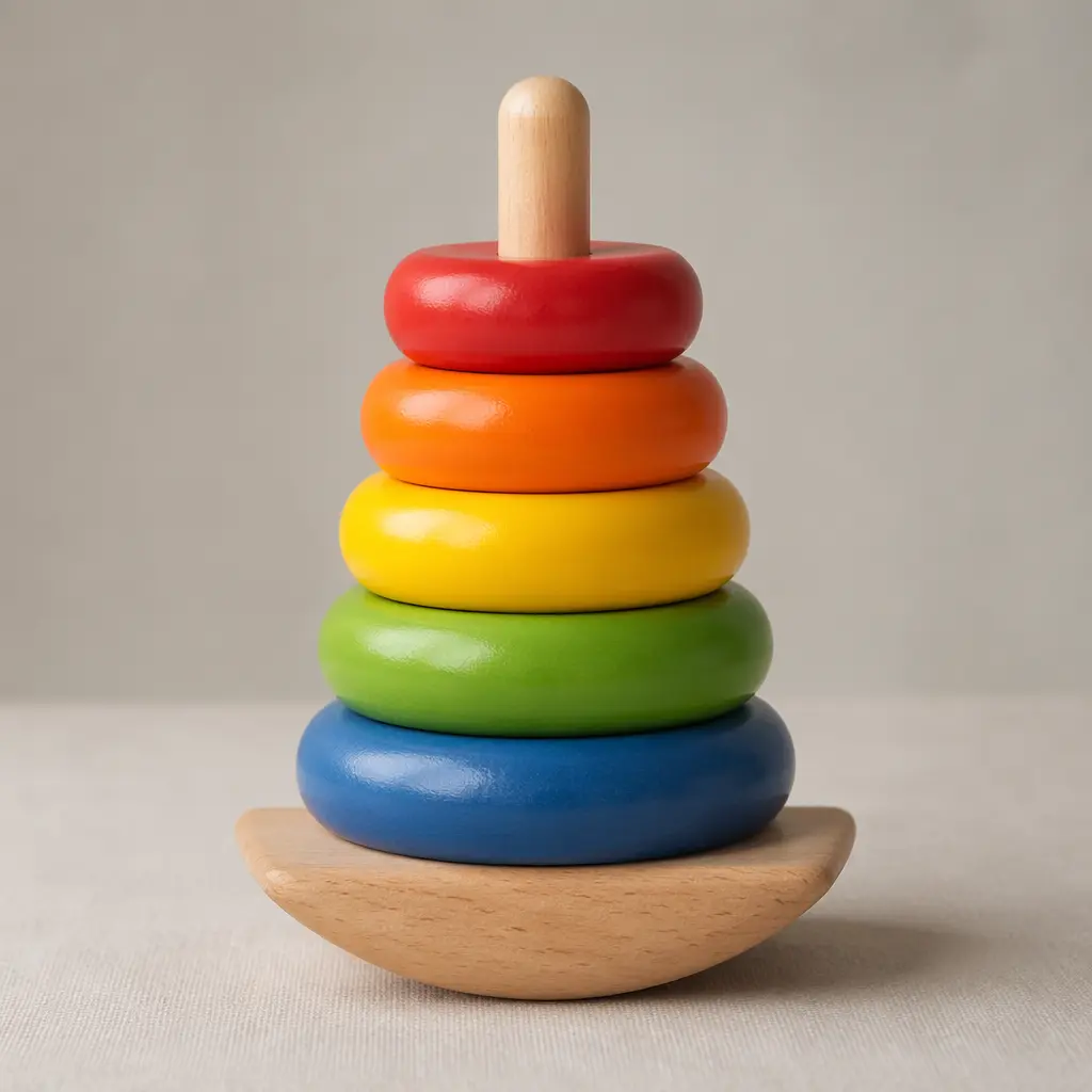A colourful ring-stacking toy with a rounded base, photographed on a clean studio surface