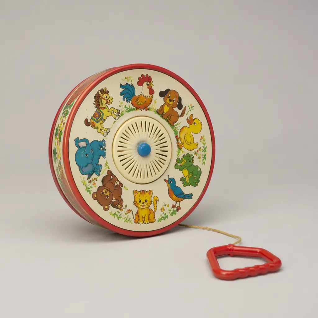 A classic pull-string sound toy with colorful animal illustrations arranged in a circle
